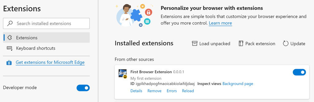 Install own browser extension in Edge 